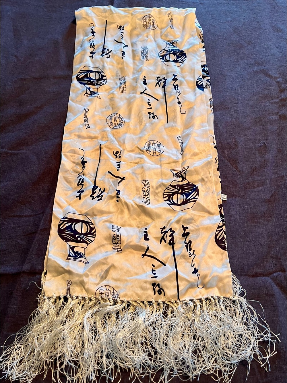 Lovely Silk Fringe Scarf with Asian Calligraphy Print - Ivory & Navy
